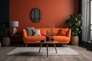 Mockup of contemporary living room with orange couch, armchair, and decor. Generative AI