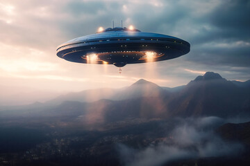 Naklejka na ściany i meble Mysterious UFO sighting over the distant horizon during a cloudy dusk. Generative AI