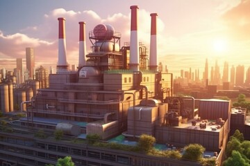 Cartoon energy plant powered by sun and wind with city skyline backdrop. Generative AI