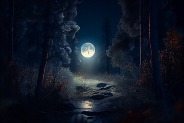 Mystical Moonlight Forest.  Generative AI.