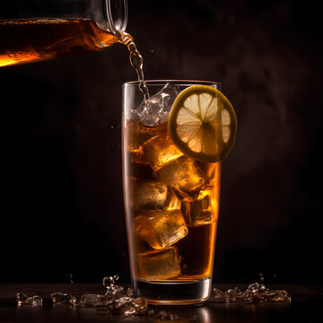 ice tea, glass with ice cubes on dark background created with Generative AI technology.