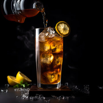 Cuba Libre or long island iced tea cocktail with strong drinks, cola, lime and ice in glass, cold longdrink or lemonade created with Generative AI technology.