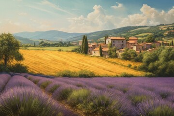 Oil painting of an Italian countryside with lavender fields, yellow rye, and rural houses. Generative AI
