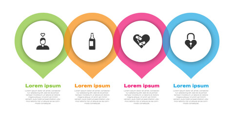 Set Couple in love, Wine bottle, Healed broken heart and Castle the shape of. Business infographic template. Vector