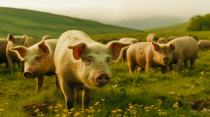 Pigs graze on farm in countryside.  Pig is feeding on the green meadow. AI Generated