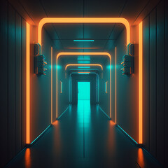 Modern home hallway neon futuristic corridor interior design AI Generated image