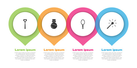 Set Magic wand, Bottle with potion, hand mirror and . Business infographic template. Vector