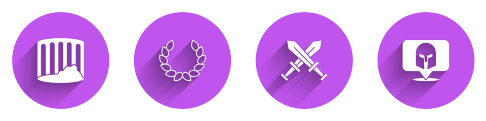 Set Ancient column, Laurel wreath, Crossed medieval sword and Greek helmet icon with long shadow. Vector