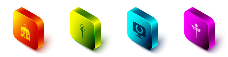 Set Isometric Santorini building, Torch flame, Laurel wreath and Caduceus snake medical icon. Vector