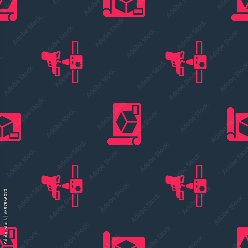Poster set 3d printer gun and graphing paper for engineering on seamless pattern. vector