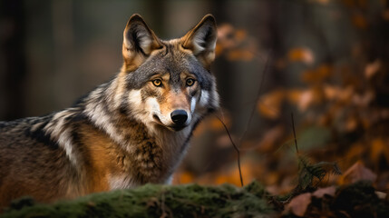 Naklejka na ściany i meble Timber Wolf in the Forest. AI Generated
