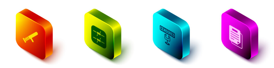 Set Isometric Police rubber baton, Barbed wire, Censored stamp and Document icon. Vector