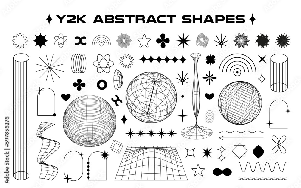 Aufkleber Аbstract aesthetic y2k geometric isolated elements and wireframe shapes. Vector line illustration on transparent background.