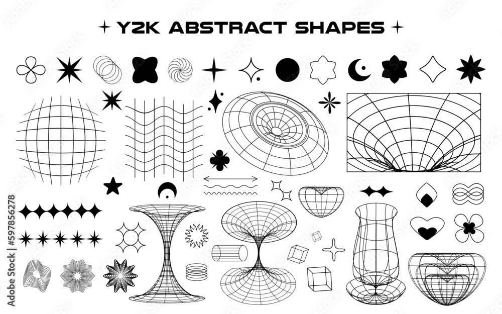 Poster Set of abstract aesthetic y2k geometric isolated elements and wireframe isolated shapes. Black and white retro line design elements. Vector illustration on transparent background.