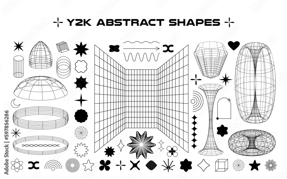 Poster Set of abstract aesthetic y2k geometric isolated elements and wireframe shapes. Black and white retro line design elements. Vector illustration on transparent background.