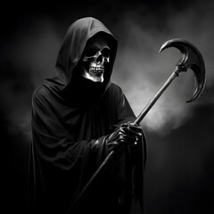 Fototapeta na wymiar Grim reaper on dark background created with Generative AI technology.
