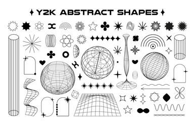 Аbstract aesthetic y2k geometric isolated elements and wireframe shapes. Vector line illustration on transparent background.