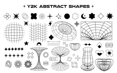 Set of abstract aesthetic y2k geometric isolated elements and wireframe isolated shapes. Black and white retro line design elements. Vector illustration on transparent background.