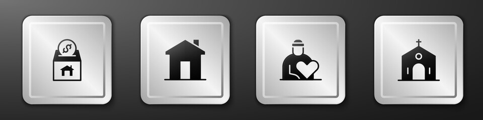 Set Donation and charity, Real estate, Volunteer and Church building icon. Silver square button. Vector
