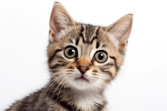 Small cute funny kitten with big eyes and attentive gaze on white isolated background.  AI generation