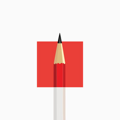 Minimalist template with copy space isolated on white combine with red square. Color pencil isolated on a white background closeup