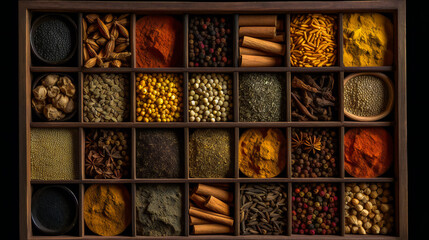 variety of most most popular spices in a wooden box. Ai Generated