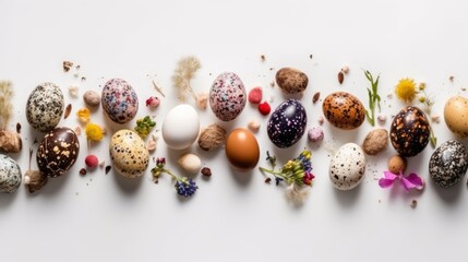 Easter Delight: Stunning Birds-eye View of Vibrant Quail Eggs and Blossoms against Pure White Surface - Perfect for Spring Celebrations, Generative AI
