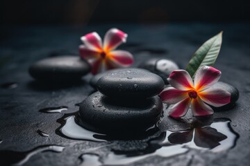 Pyramids of balanced zen pebble meditation stones with green leaves and flowers in water on tropical forest background. Concept of harmony, balance and meditation, spa, massage, relax and yoga.