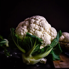 Cauliflower is on a wooden board with a dark background. generate by AI