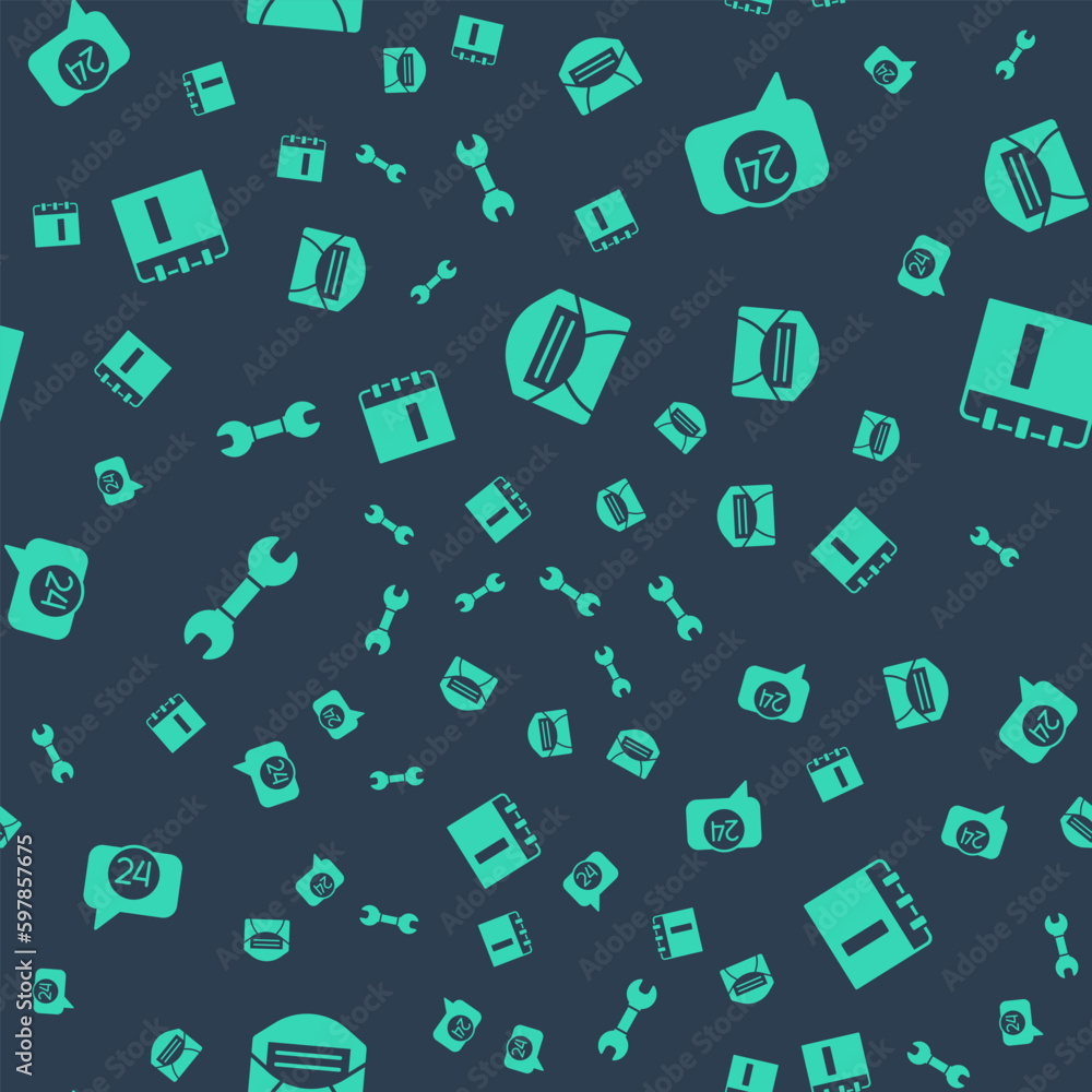 Poster set mail and e-mail, telephone 24 hours support, wrench spanner and notebook on seamless pattern. ve