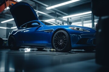 A blue luxury car undergoes servicing, repairs and oil change at a garage center. Generative AI
