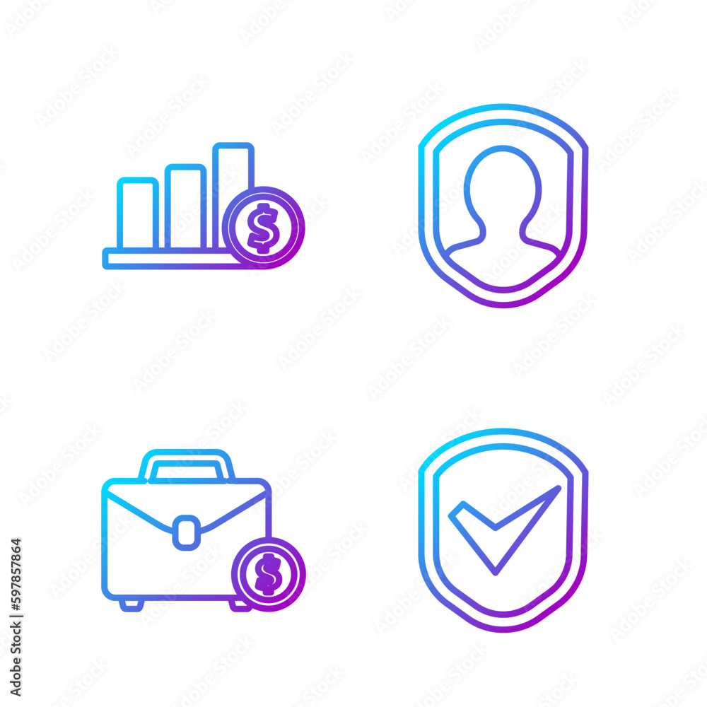 Poster set line shield with check mark, briefcase and money, pie chart infographic and dollar and user prot