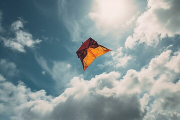 Fototapeta na wymiar A vibrant kite soaring in the sky amidst fluffy clouds. Generative AI