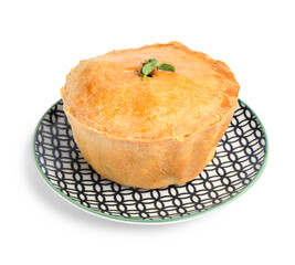 Plate with tasty meat pot pie on white background
