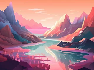 Foto op Canvas A colorful landscape with mountains and a river outdoor explore travel illustration © Yan