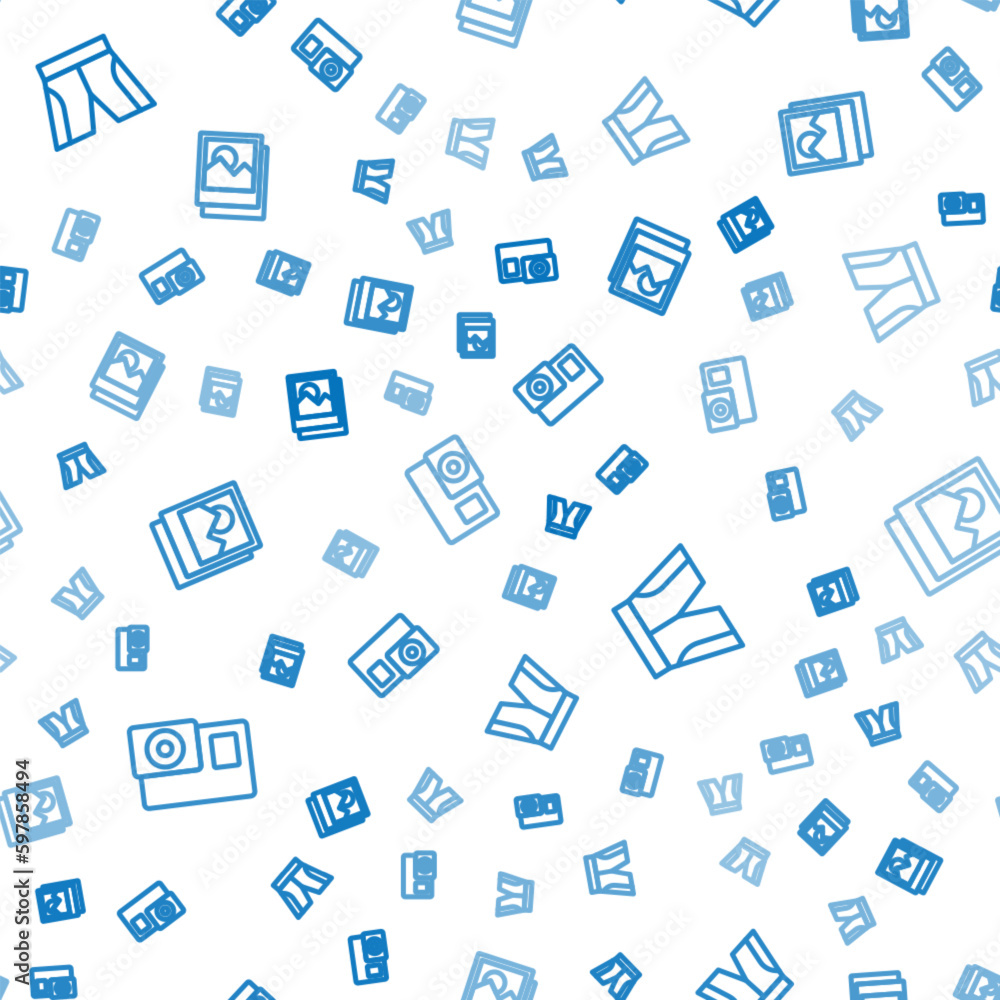 Poster set line action camera, short or pants and photo on seamless pattern. vector
