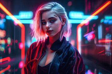 A girl with blonde hair stands in front of neon lights. Generative Ai