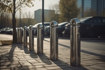 Metal bollards are placed along the pedestrian walkway next to the parking lot. These are barrier poles made of stainless steel. Generative AI - obrazy, fototapety, plakaty