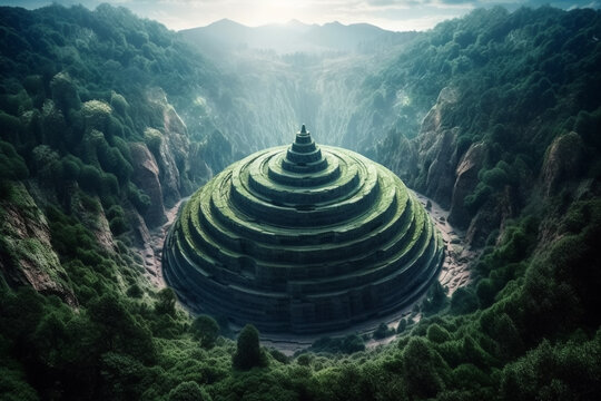 A digital painting of a green mountain with a large pyramid in the middle. Generative Ai