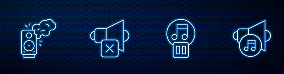 Set line Pause button, Stereo speaker, Speaker mute and volume. Glowing neon icon on brick wall. Vector