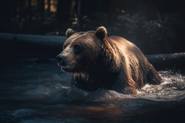 Obraz na płótnie Canvas A bear is moving across a flowing water body. Generative AI