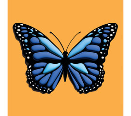 3d illustration of a blue butterfly with black and white spots on a yellow background