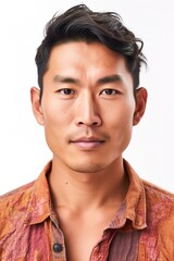 Fototapeta premium Head shot portrait of young Asian man. White background. Generative AI vertical shot