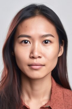 Young Asian woman head shot portrait over white background. Generative AI vertical shot