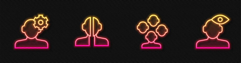 Set line Schizophrenia, Solution problem in psychology, Bipolar disorder and . Glowing neon icon. Vector