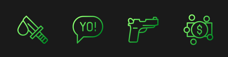 Set line Pistol or gun, Bloody knife, Yo slang lettering and Stacks paper money cash. Gradient color icons. Vector