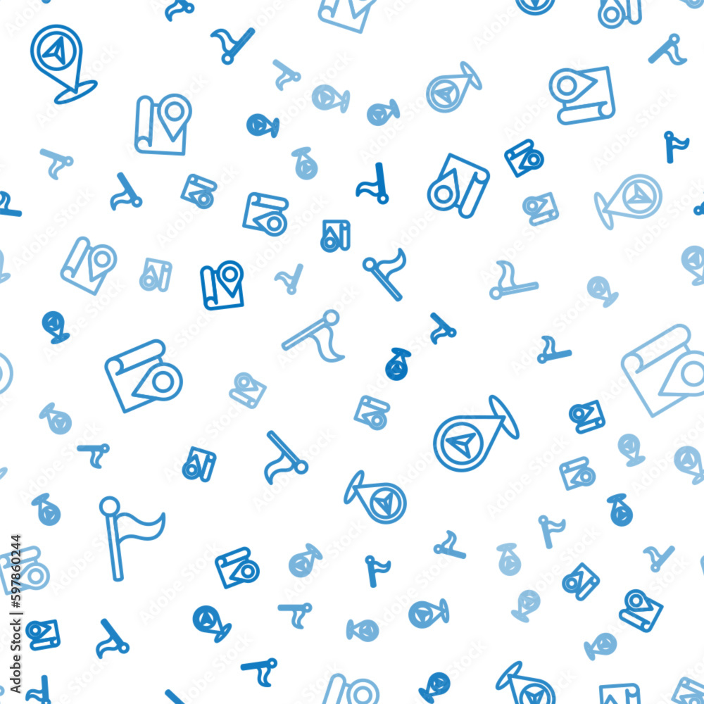 Poster set line flag, map pin and folded map with location marker on seamless pattern. vector