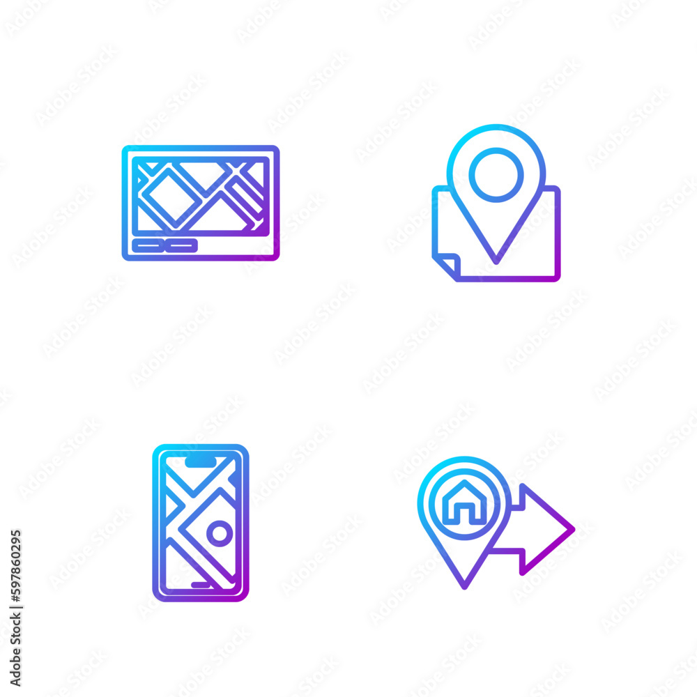 Poster set line location with house, city map navigation, gps device and folded location marker. gradient c