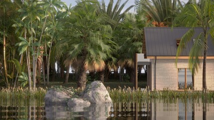 house in the jungle on the river bank, 3D illustration, cg render