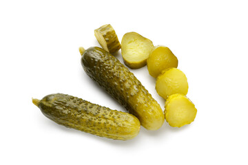 Tasty fermented whole cucumbers and pieces on white background